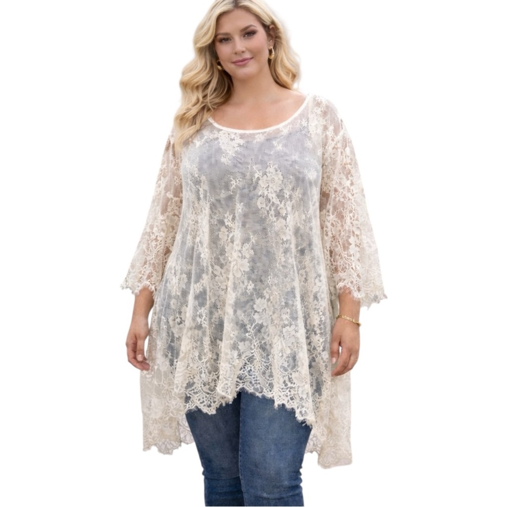 Vintage Ivory Lace Sheer Tunic Top Oversized Romantic Boho Size XL/1X